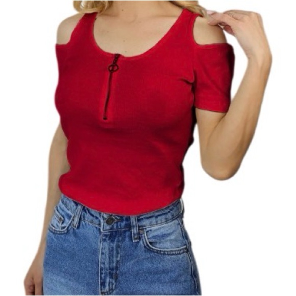 Color Story Red Cold Shoulder Top women’s S quarter zip short sleeves stretch